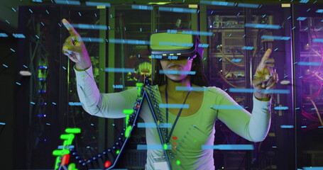 Exploring VR headset data streams inside server room, interacting with holographic interface
