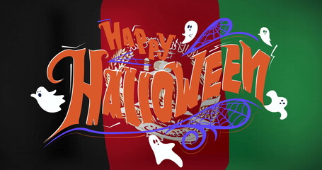 Displaying stylized Happy Halloween text on art canvas with white cartoon ghosts and web swirls