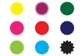Circle sticker set. Wavy edge promo Colourful badges. Star burst shape tags for price. Blank sale stickers. Simple silhouette. Flat vintage labels. Graphic illustration. 