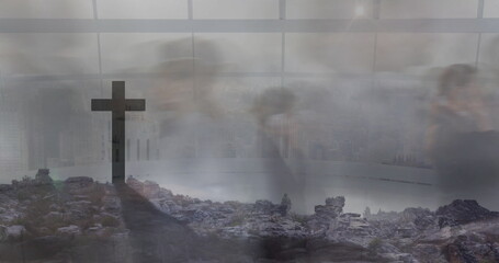 Merging rocky hilltop and blurred colleagues walking corridor, with city skyline behind stone cross