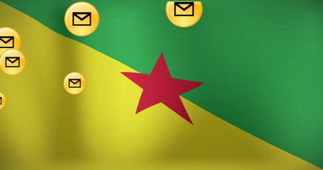 Showcasing flag of French Guiana featuring red star in digital art, golden circular envelope icons
