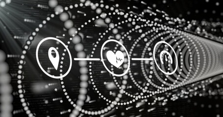 Rotating three icons inside tunnel of dotted rings and streams, with location pin heart speedometer