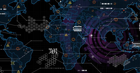 Displaying glowing blue world map in digital interface, with purple circles and white data blocks