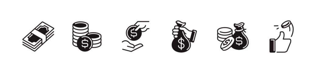 simple dollar cash currency icon line set financial dollar bag and coin stack vector business balance wallet wealth signs illustration for web and app