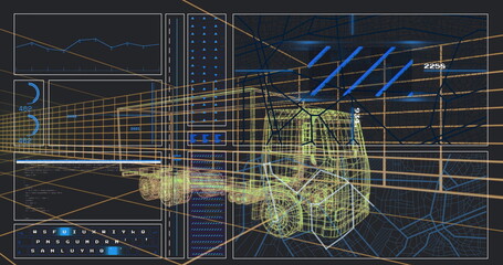 Displaying wireframe forklift model floating in diagnostic interface, with line chart and gauges