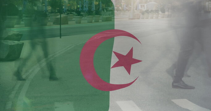 Walking blurred pedestrians crossing zebra crosswalk on urban street under Algerian flag overlay - Powered by Adobe