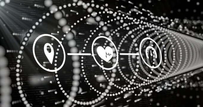 Rotating three icons inside tunnel of dotted rings and streams, with location pin heart speedometer - Powered by Adobe