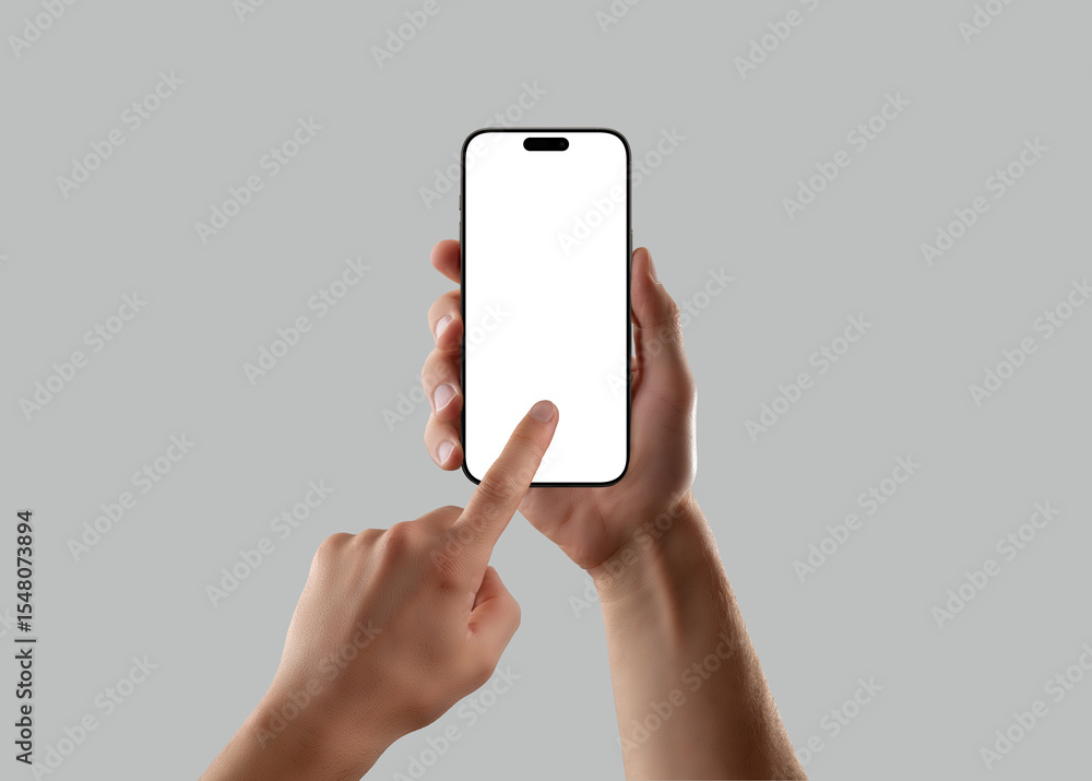 Aufkleber Man hand holding smartphone with blank screen and finger touch gesture on gray background. Perfect mockup for app design, UI testing, or mobile interface