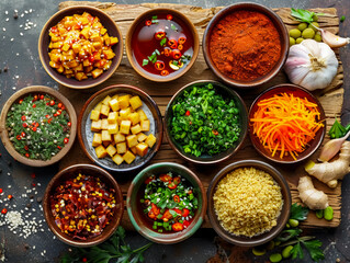 Top view of various colorful ingredients and spices in bowls, showcasing healthy and flavorful food prep.