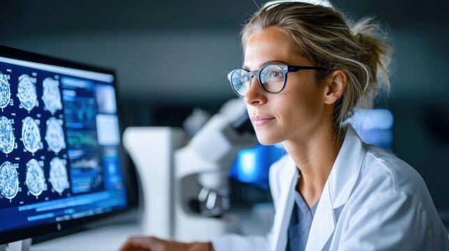 A female scientist examines a brain scan on a computer screen in a research lab, focused on medical analysis and technology.