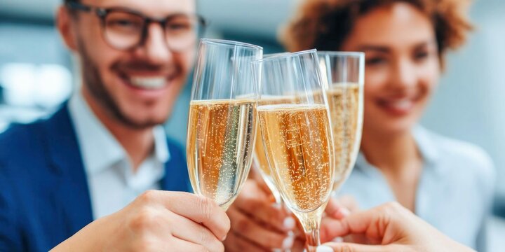 People celebrating with champagne flutes, toasting, and smiling. Perfect for events, business wins, or happy occasions. - Powered by Adobe