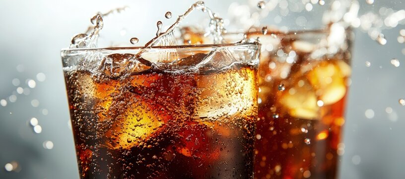 Close-up of cola with ice cubes splashing in glass and bubbles sparkling, evoking summer refreshment, cold fizz, and the energizing feel of a carbonated drink