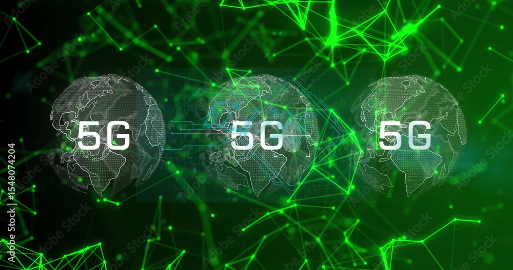 Poster displaying three 5g wireframe globes in network visualization, with neon green links and particles