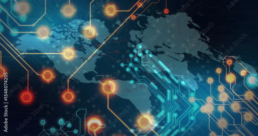 Poster displaying stylized world map overlaying network circuitry in digital space, with glowing nodes