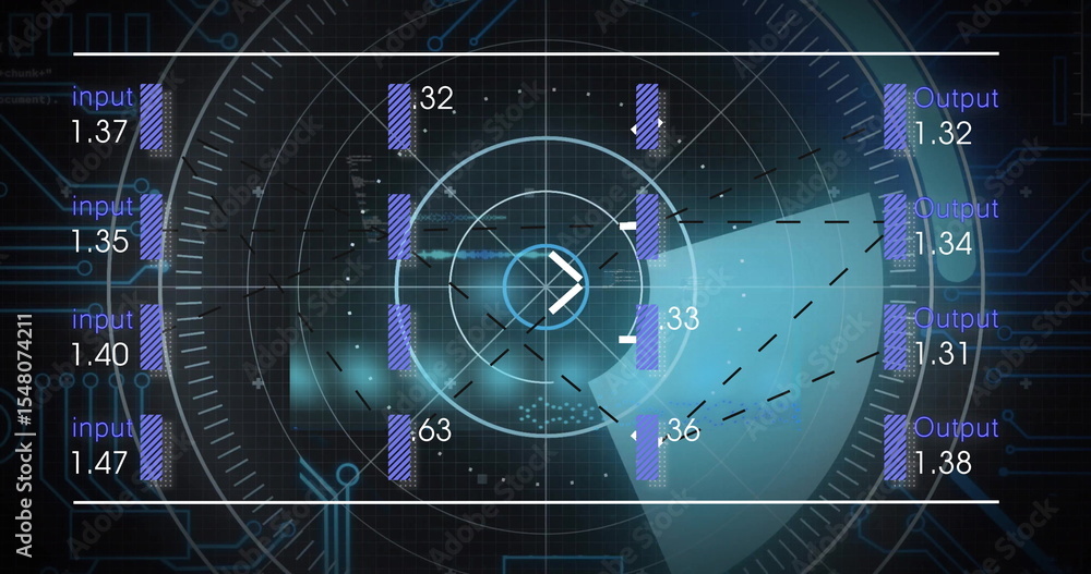 Poster displaying dashboard showing concentric reticle on interface, with violet input and output bars