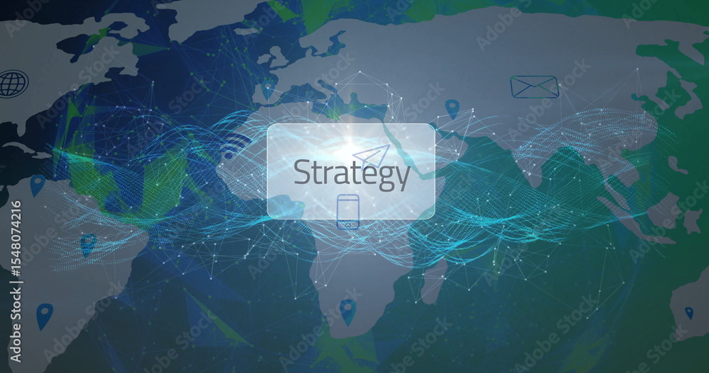 Poster strategy panel hovering in network view, with world map, network lines, pins and floating icons