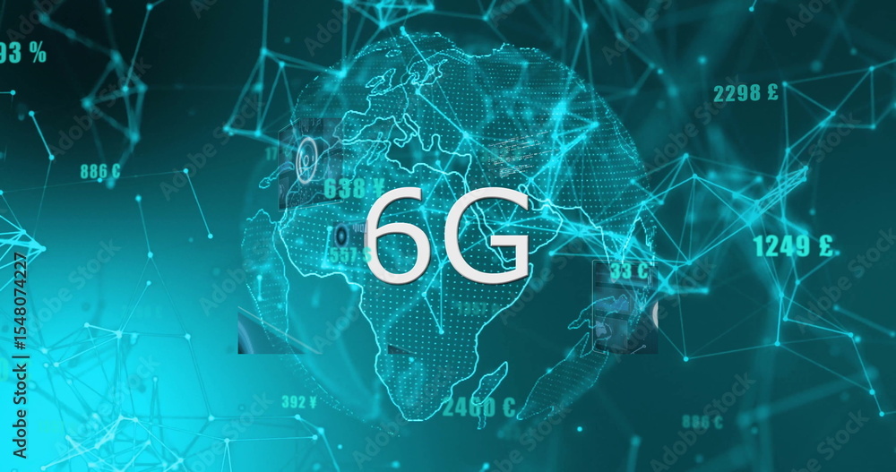 Poster displaying semi-transparent globe with glowing network nodes in digital space, with 6g data theme
