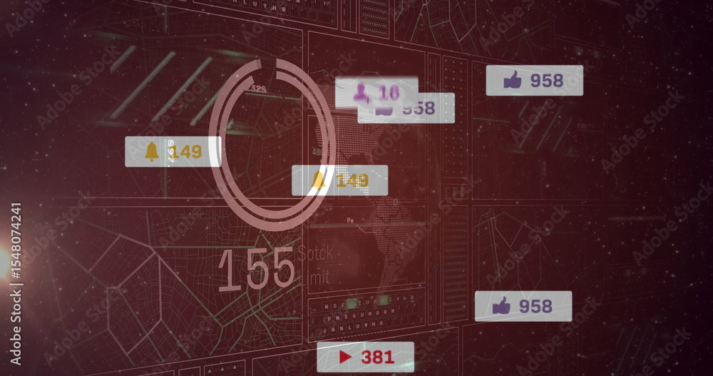 Poster displaying circular progress chart with 155 and floating notification widgets on digital dashboard