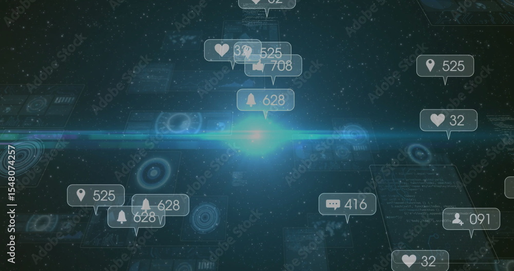 Poster notification icons and hud glowing and hovering in virtual interface, with notification counts