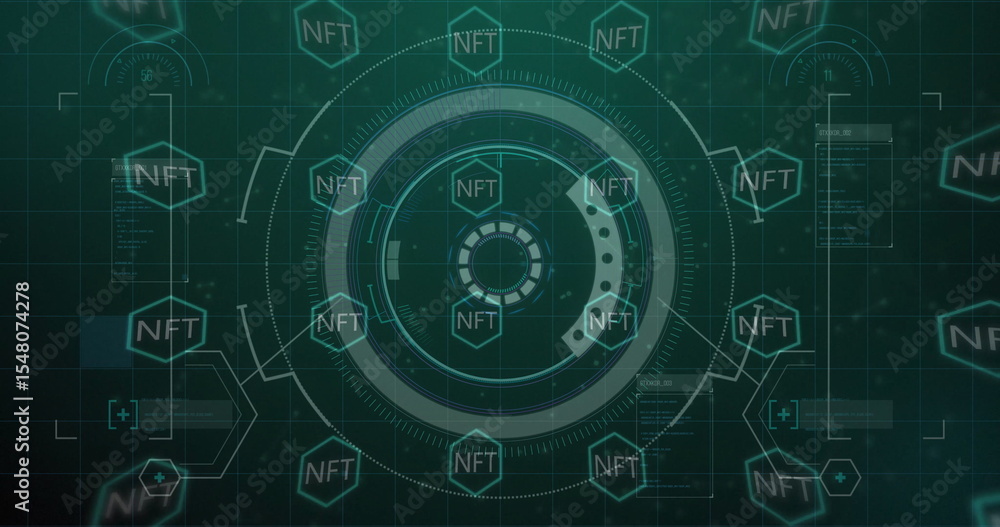 Poster Rotating central circular HUD element displaying code on holographic display with NFT hexagon grid