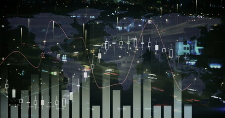 Overlaying world map over nighttime urban traffic with candlestick markers, trend line, bar charts