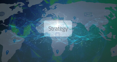 Strategy panel hovering in network view, with world map, network lines, pins and floating icons