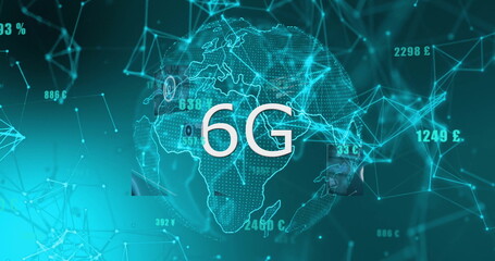 Displaying semi-transparent globe with glowing network nodes in digital space, with 6G data theme