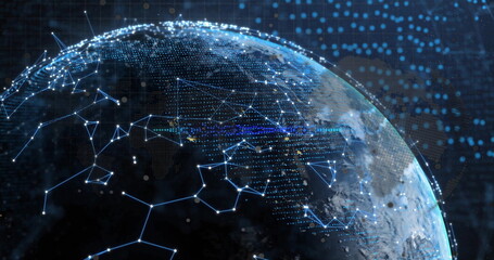Obraz premium Showing Earth globe rotating in virtual space, with glowing nodes, connections and dotted data grid