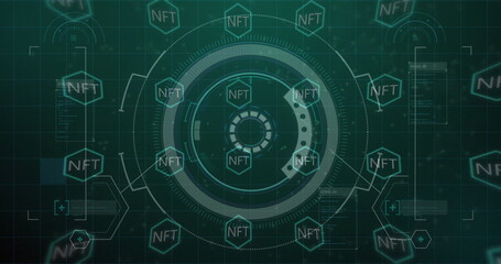 Rotating central circular HUD element displaying code on holographic display with NFT hexagon grid