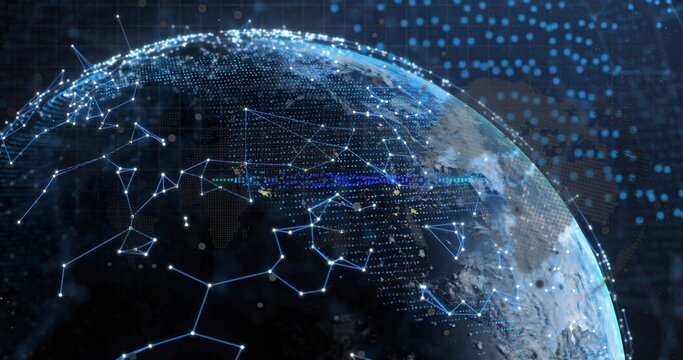 Naklejki Showing Earth globe rotating in virtual space, with glowing nodes, connections and dotted data grid