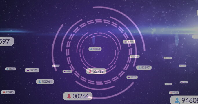 Naklejki Overlaying purple HUD in starfield, displaying badges with bell user thumbs-up icons and counts