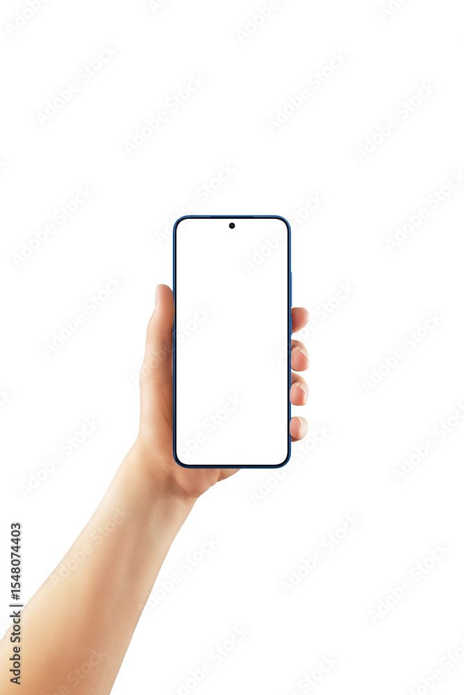 Poster Female hand holding modern smartphone with centered camera and blank screen. Isolated on transparent background, perfect for app and UI mockups