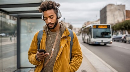  Man Wearing Headphones Stands