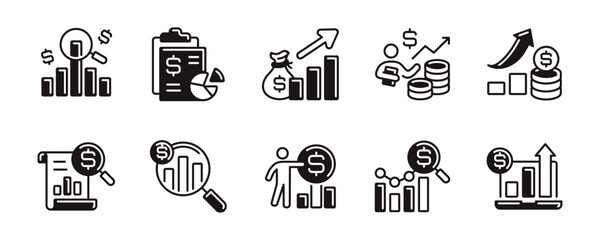 financial growth report chart bar icon line set business profit performance analysis with magnifier zoom, clipboard, people, dollar arrow symbol vector outline illustration