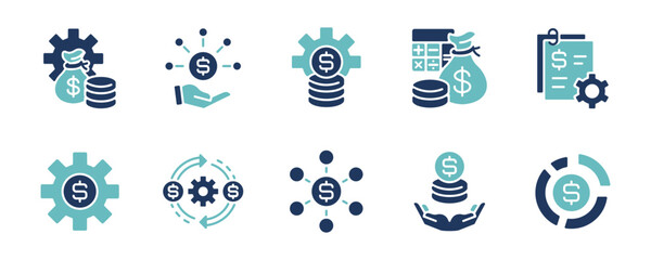 financial management with money gear cog wheel symbol icon set business accounting budget control economy strategy target planning signs vector illustration