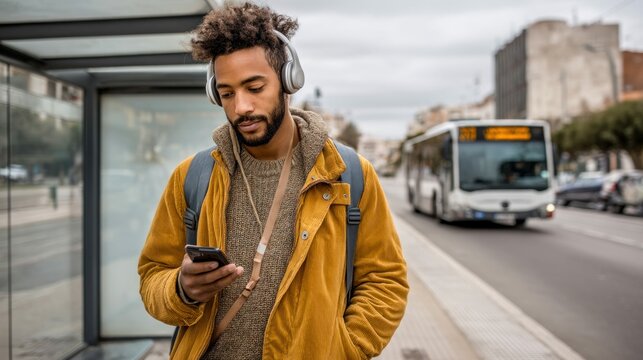 A man wearing headphones stands at a bus stop, looking at his phone while a bus passes on a city street.