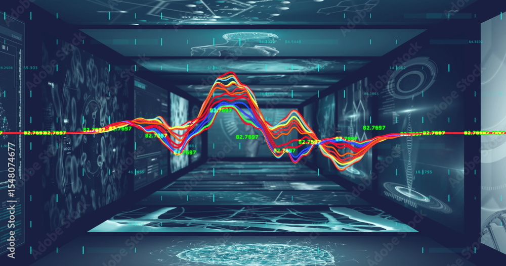 Poster floating colorful waveform graph winding through data tunnel, with schematics and numeric overlays