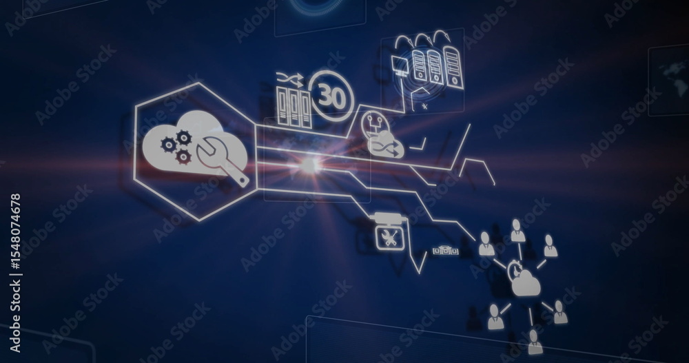 Poster displaying network icons connecting cloud wrench folder 30 server rack sync symbols on dashboard