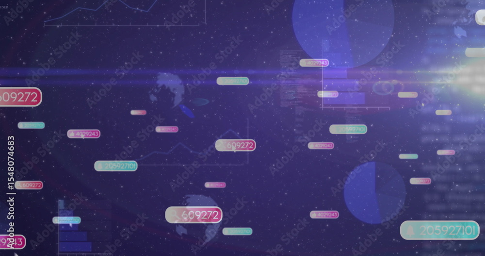 Poster floating numeric labels, charts and map silhouettes hovering in starfield with light flare streaks