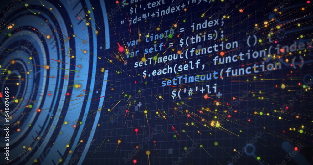 Poster lines of code floating over 3d grid space, with circular hud, glowing nodes, connecting lines
