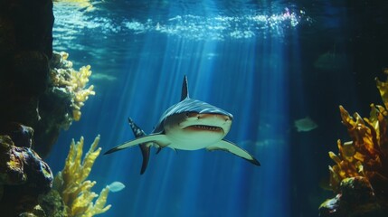 Lone shark in a perfectly lit aquarium, no movement, symbolic stagnation in life generative ai