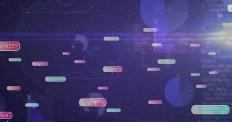 Floating numeric labels, charts and map silhouettes hovering in starfield with light flare streaks