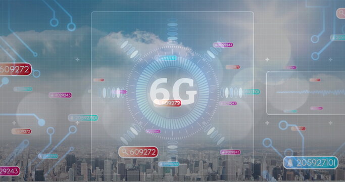 Displaying 6G HUD overlaying city skyline, with radial bars numeric tags and circuit nodes