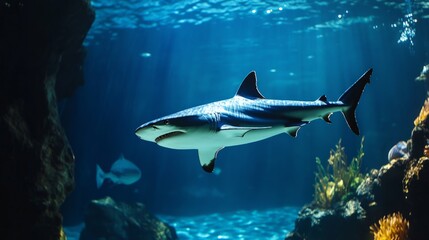 Fototapeta premium Lone shark in a perfectly lit aquarium, no movement, symbolic stagnation in life generative ai
