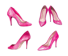 Pink women's heels shoes. Realistic watercolor illustration set of single shoe side view and pair. Isolated clipart with clear even edge on transparent background