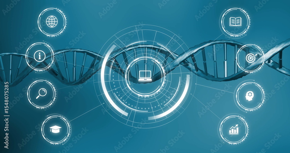 Poster displaying central hud interface showing laptop icon in digital environment, featuring dna helix