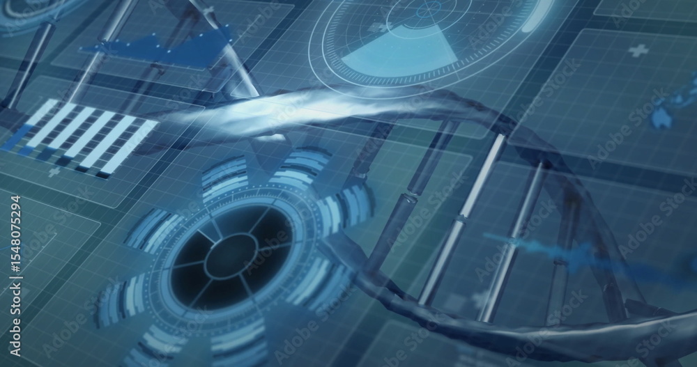 Poster spinning metallic dna double helix floating above virtual lab display, with hud and radial charts