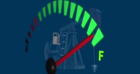 Fuel gauge needle pointing to full F mark in graphic background, with oil pumpjack silhouette