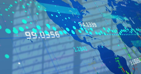 Displaying translucent map overlay at office screen, with dotted data points and numerical figures