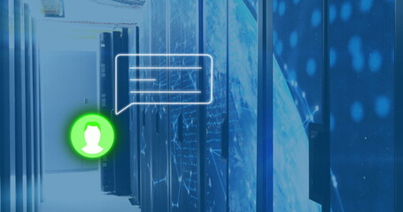 Showing data center server rack aisle in corridor, with floating user avatar and network graphics